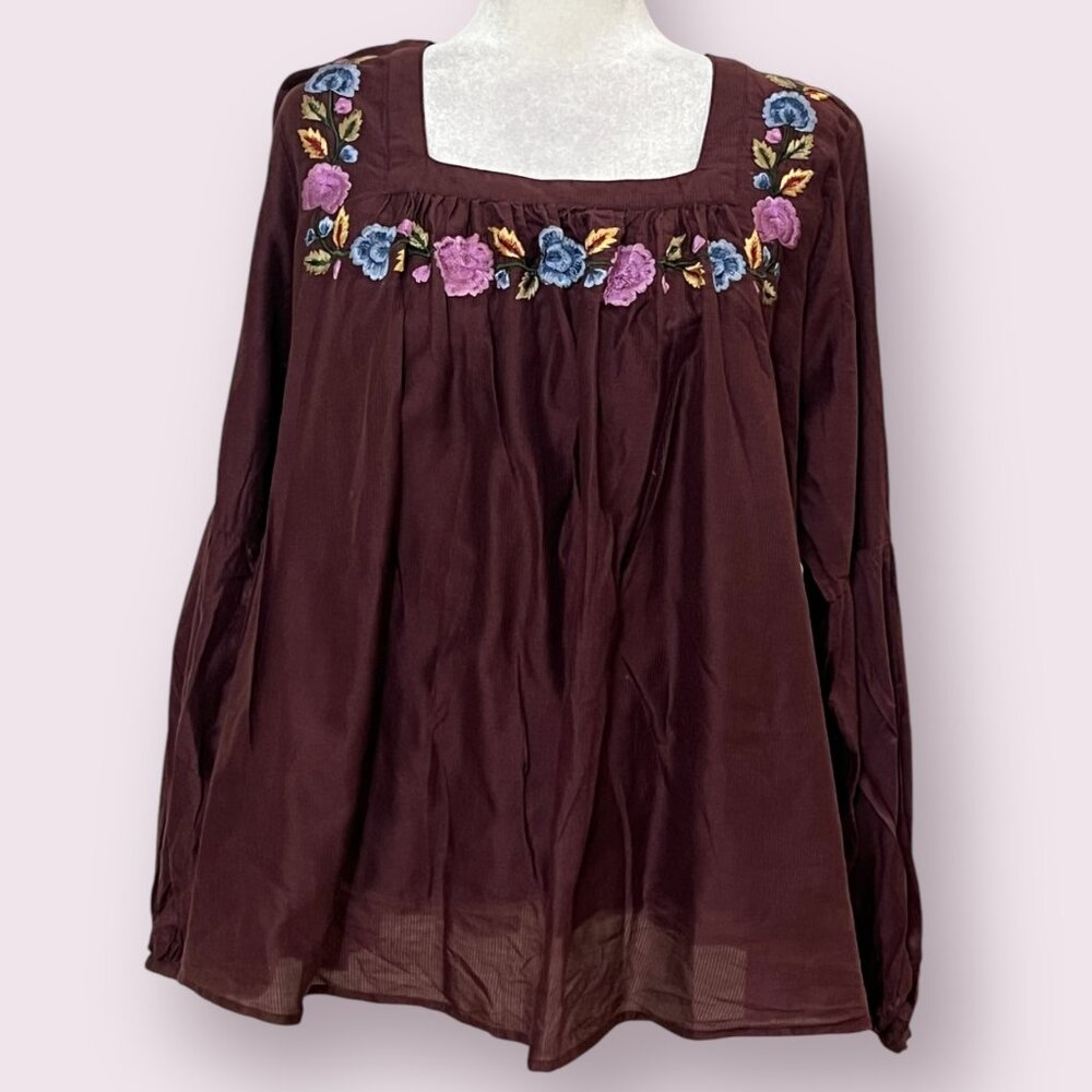 Samant Chauhan XL Boho Burgundy Embroidered Blouse Floral Balloon Sleeve Top